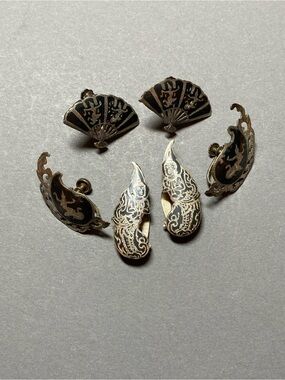 Vintage Siam silver black enamel clip earrings lot